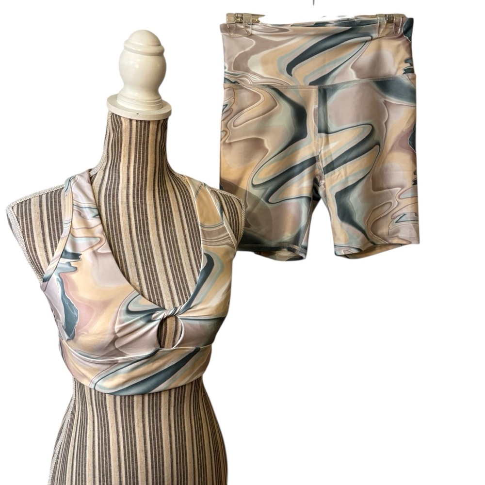 Marika SET Sports Bra Large & Bike Shorts Medium Marble Swirl Beige Green Yellow